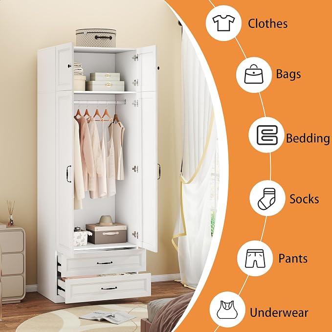 Armoire Wardrobe Closet with 2 Drawers: 88" White Bedroom Closet, Wood Wardrobe Closets with 2 Doors, Tall Armoire Cabinet and Storage Shelves for Clothing (31")