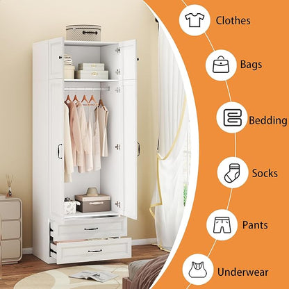 Armoire Wardrobe Closet with 2 Drawers: 88" White Bedroom Closet, Wood Wardrobe Closets with 2 Doors, Tall Armoire Cabinet and Storage Shelves for Clothing (31")