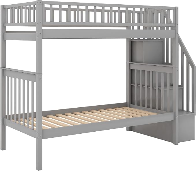 Twin Over Twin Bunk Beds with Staircase and Trundle Bed, No Box Spring Needed for Teens, Boys or Girls