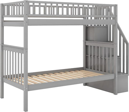 Twin Over Twin Bunk Beds with Staircase and Trundle Bed, No Box Spring Needed for Teens, Boys or Girls