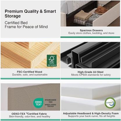 Novilla Queen Size Bed Frame, Queen Bed Frame with Headboard, Queen Bed Frame with Drawers, LED Bed Frame Queen Size, Charging Station and Adjustable Headboard, No Box Spring Needed, White Velvet