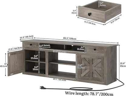 YITAHOME TV Stand for 75/80 Inch TV, Farmhouse Entertainment Center with Storage, 70 Inch TV Cabinet with Drawers and Power Outlet, TV Console for Living Room (Grey Oak)