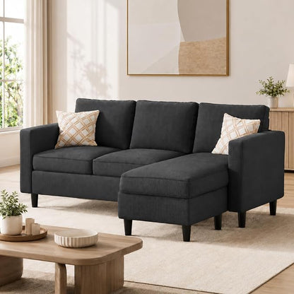 73.6" Convertible Sectional Sofa Couch with Reversible Ottoman, Modern 3-Seater L-Shaped Couch for Small Spaces, Compact Fabric Sofa for Apartment, Living Room & Office, Easy Assembly (Gray)