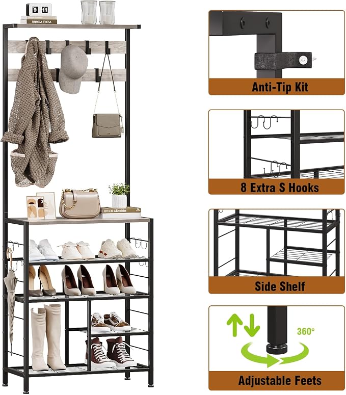 GiftGo Vintage Large 5-Tier Hall Tree with Console Table Entryway Coat Rack Floor Standing Shoes Rack Storage Shelf Organizer for Home Office Bedroom (Greige)
