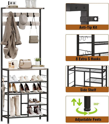 GiftGo Vintage Large 5-Tier Hall Tree with Console Table Entryway Coat Rack Floor Standing Shoes Rack Storage Shelf Organizer for Home Office Bedroom (Greige)