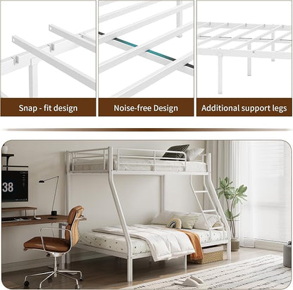 Metal Twin Over Full Bunk Bed丨 Bunk Beds Twin Over Full Size with Ladder | Heavy Duty Bunk Bed for Adults, Metal Bunk Bed for Dorm, Bedroom, Apartment, 440 lbs Capacity,No Box Spring Needed (White)