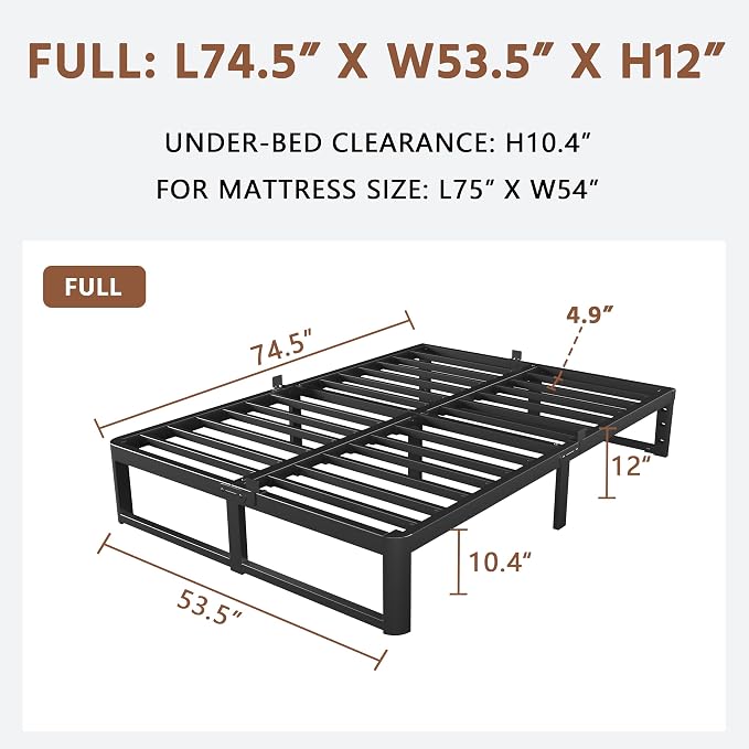 ZTH Full Size Metal Platform Bed Frame 12 in, No Box Spring Needed, Black | Heavy duty support, Underbed storage, Noise-free design, Anti-slip clips, Rounded legs, Easy assembly, Headboard compatible