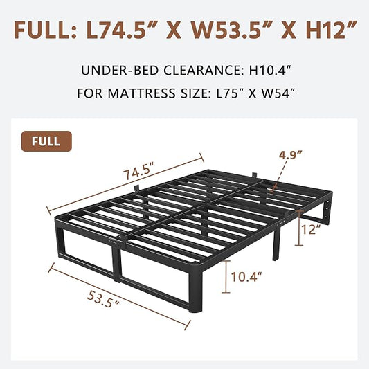 ZTH Full Size Metal Platform Bed Frame 12 in, No Box Spring Needed, Black | Heavy duty support, Underbed storage, Noise-free design, Anti-slip clips, Rounded legs, Easy assembly, Headboard compatible