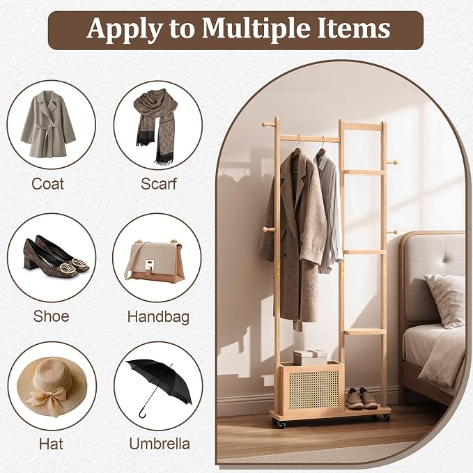 Wood Clothes Rack with Storage, 4 Shelves, 4 Hooks, Garment Rack with wheels, Coat Rack Freestanding, Clothing Rack Heavy Duty Hall Tree for Living Room Hallway,856 Natural
