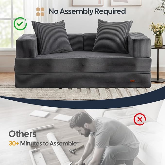COMAX Futon Sofa Bed, Convertible Sofa Bed, Folding Boneless Couches | Boneless Couch for living room, 4‑in‑1 Fold Out Small Foldable Loveseat Floor Sleeper Mattress Lounge Space‑Saving, Grey