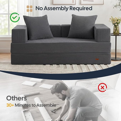 COMAX Futon Sofa Bed, Convertible Sofa Bed, Folding Boneless Couches | Boneless Couch for living room, 4‑in‑1 Fold Out Small Foldable Loveseat Floor Sleeper Mattress Lounge Space‑Saving, Grey