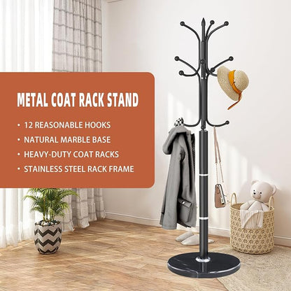 Metal Coat Rack Stand, Modern Freestanding Coat Rack with Natural Marble Base, Black Coat Racks and Coat Hall Tree Hanger Stand with 12 Hooks for Entryway, Hallway, Office