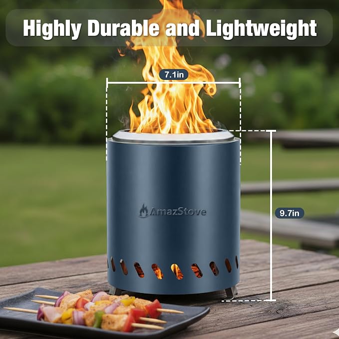 9.7 x 7.1 Inch Tabletop Fire Pit by AmazStove, Low Smoke Camping Stove for Outdoor Safe Burning Firepits, Fueled Pellets or Wood, Travel Bag Included (Slate Blue, 9.7 x 7.1 INCH)