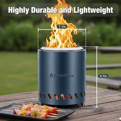 9.7 x 7.1 Inch Tabletop Fire Pit by AmazStove, Low Smoke Camping Stove for Outdoor Safe Burning Firepits, Fueled Pellets or Wood, Travel Bag Included (Slate Blue, 9.7 x 7.1 INCH)