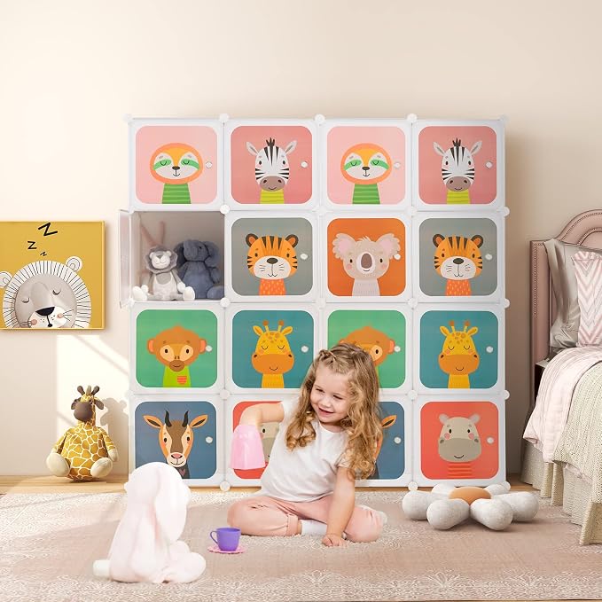 HONEY JOY Kids Wardrobe Closet, Baby Cartoon Clothes Storage Organizer, 8 Cubes & 2 Hanging Sections, Portable Children DIY Modular Bedroom Armoire Dresser Cabinet for Boys Girls (White)