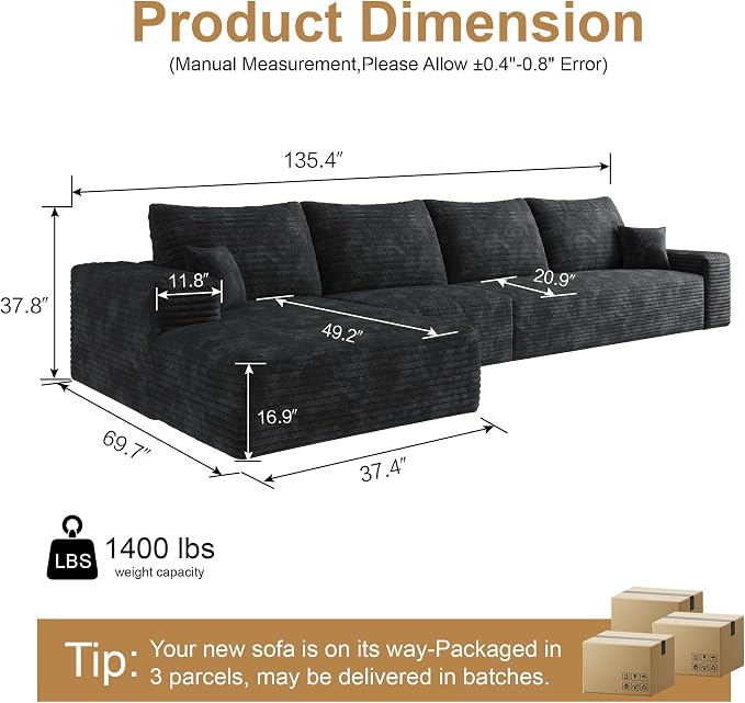 AUGOP 136" Sectional Couches for Living Room Modern Modular Sofa with L-Shape Couchs Upholstered Boneless Couch Deep Seat Sectional Couch with Chaise (Black, Left Facing Chaise+3Seaters)