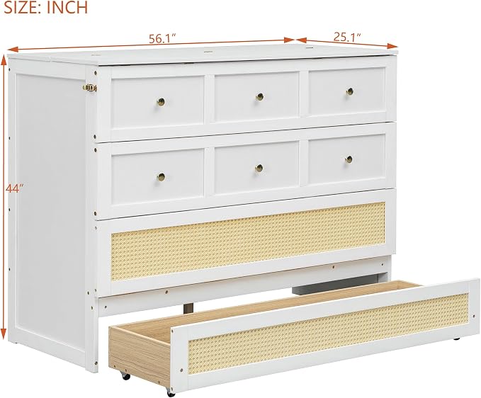 Bellemave Full Murphy Bed with Storage Drawer, Cabinet Bed, Farmhouse Murphy Cabinet with Foldable Panel, Noisy Free, for Guest Bedroom, Living Room, White with Rattan