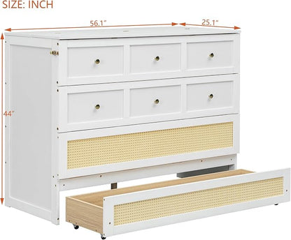Bellemave Full Murphy Bed with Storage Drawer, Cabinet Bed, Farmhouse Murphy Cabinet with Foldable Panel, Noisy Free, for Guest Bedroom, Living Room, White with Rattan
