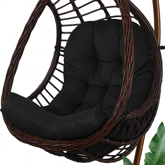 idee-home Egg Chair Cushion Replacement, Tufted Hanging Egg Chair Cushions with Corduroy Cover, Oversized Wicker Swing Cushion for Indoor Hammock Basket Chair, Black (Chair Not Included), 48x32 Inch