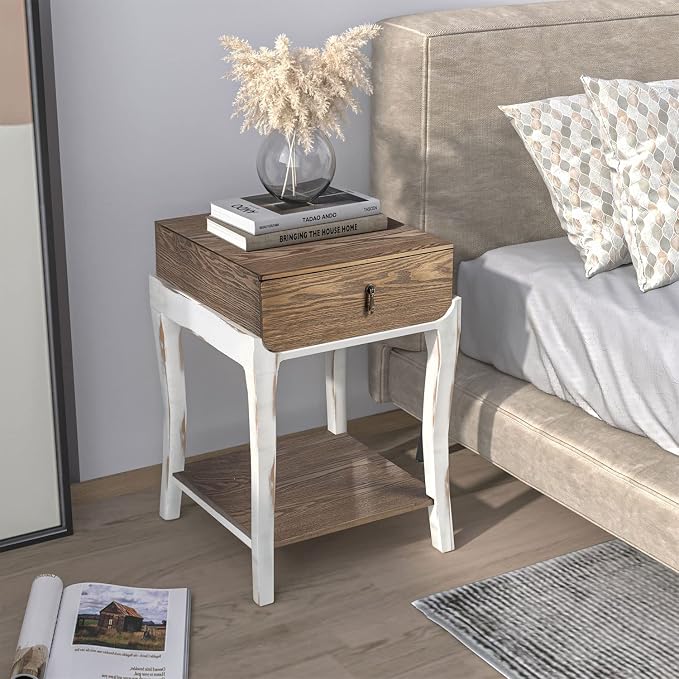 COSIEST Rustic Nightstand, 2-Tier Farmhouse Bedside Table, Wood Accent End Table with Storage Drawer and Open Display Shelf for Bedroom Nursery Living Room(Walnut)