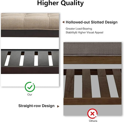 adochr 33'' Large Square Ottoman Coffee Table with Storage, Upholstered Button Tufted Footrest Ottoman with Solid Wooden Tray,Coffee Table for Living Room, Light Brown