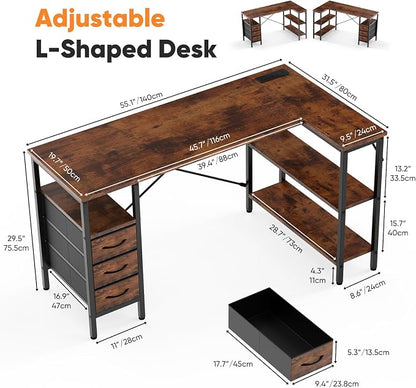 DUMOS L Shaped Desk with Shelf Drawers 55 Inch, Brown Corner Computer Desks Gaming with Power Outlet, Study Table with Adjustable Shelves, Home Office Tables for Bedroom Teacher Reading Writing
