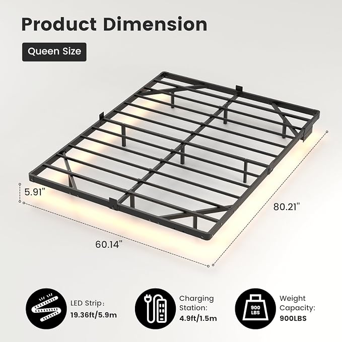Liians Queen Size Floating Bed Frame with USB Charging Station and LED Lights, Modern Metal Platform Bed Frame with Mattress Slide Stopper, Noise Free No Box Spring Needed and Easy Assembly