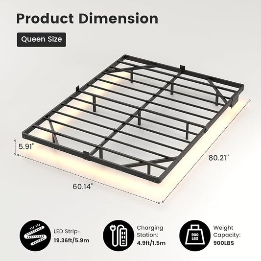 Liians Queen Size Floating Bed Frame with USB Charging Station and LED Lights, Modern Metal Platform Bed Frame with Mattress Slide Stopper, Noise Free No Box Spring Needed and Easy Assembly