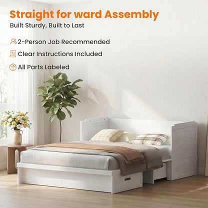 CECER Murphy Bed Queen with Mattress Included for Guest/Small Space-White | Built-in Multi-Port Charging Station ＆ Large Storage Drawer，Space Saving ＆ Easy Assemble and Conversion