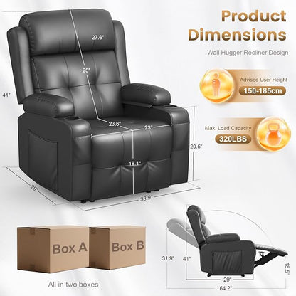 Power Recliner Chair, Home Theater Seating with Heat Massage, Reclining Sofa RV Single Chair, Wall Hugger RV Movie Theater Chairs, RV Furniture Sofas with USB, Cup Holders, Pockets for Gaming Room