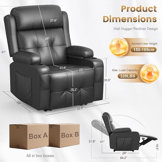 Power Recliner Chair, Home Theater Seating with Heat Massage, Reclining Sofa RV Single Chair, Wall Hugger RV Movie Theater Chairs, RV Furniture Sofas with USB, Cup Holders, Pockets for Gaming Room