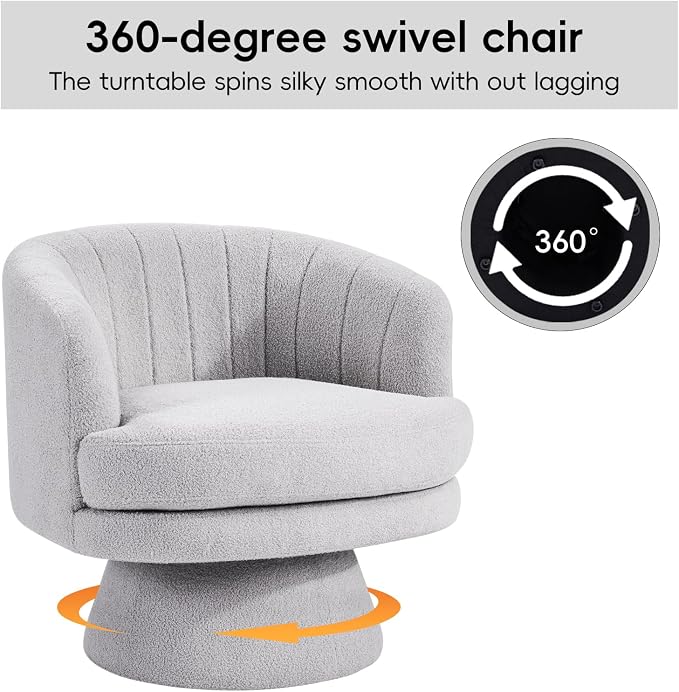 CANMOV Swivel Accent Chair with Armrest, Modern 360 Degree Swivel Barrel Chair with Curve Back and Soft Cushion,Comfy Round Sherpa Teddy Armchair Single Sofa for Living Room,Bedroom, Light Grey