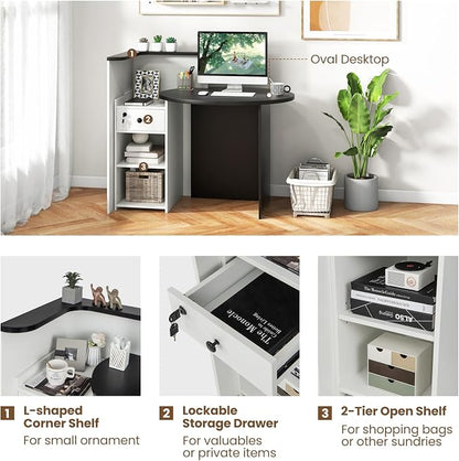 Reception Desk, Retail Checkout Counter w/Lockable Drawer & Open Shelves, Computer Workstation, Small Front Desk Reception Counter for Company Lobby Store Salon Office (Black & White)