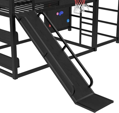 Bellemave Full Over Full Bunk Bed with Basketball Hoop, Pull-up Rings and Climbing Wall, Low Profile Bunk Bed with Slide and Bookcase, Heavy Duty Bunk Beds with Guardrail, Metal Black