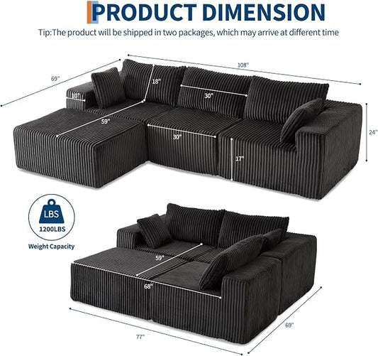 108" Modular Sectional Sofa Couches for Living Room Cloud Memory Boneless Couch No Assembly Required