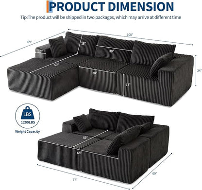 108" Modular Sectional Sofa Couches for Living Room Cloud Memory Boneless Couch No Assembly Required