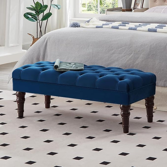 24KF Velvet Upholstered Buttons Tufted Entryway Bench with Solid Wood Leg,Bed Bench Ottoman with Padded Seat,5061N-Navy