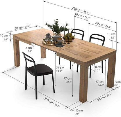 Mobili Fiver, Iacopo Extendable Dining Table, 55,1(86,6) x35,4 in, Rustic Oak, for 6-10 People, Expandable Dining Table for Kitchen, Living Room, Italian Furniture