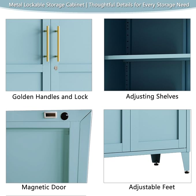 Lockable 61 Inch Tall Metal Storage Cabinet,2-Door Metal Pantry Cabinet with Adjustable Shelves, 4-Tier Steel Storage Locker for Bedroom Kitchen, Home Blue 61" H X 27.6" W X 13.8" D