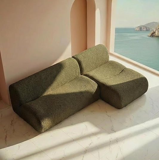 Vothio Curved Sectional Modular Couch with Chaise, Modern 92.13'' Boneless Sofa with Deep Seat, Sherpa Boucle Cloud Couch for Living Room, Cozy Teddy L-Shaped Couches，No Assembly, Green