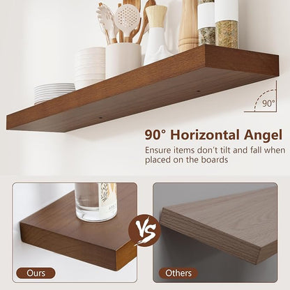 fuqing Rustic Floating Shelves for Wall, 36 Inch Floating Shelves Set of 2, Solid Dark Wood Wall Shelves for Living Room Bedroom Bathroom