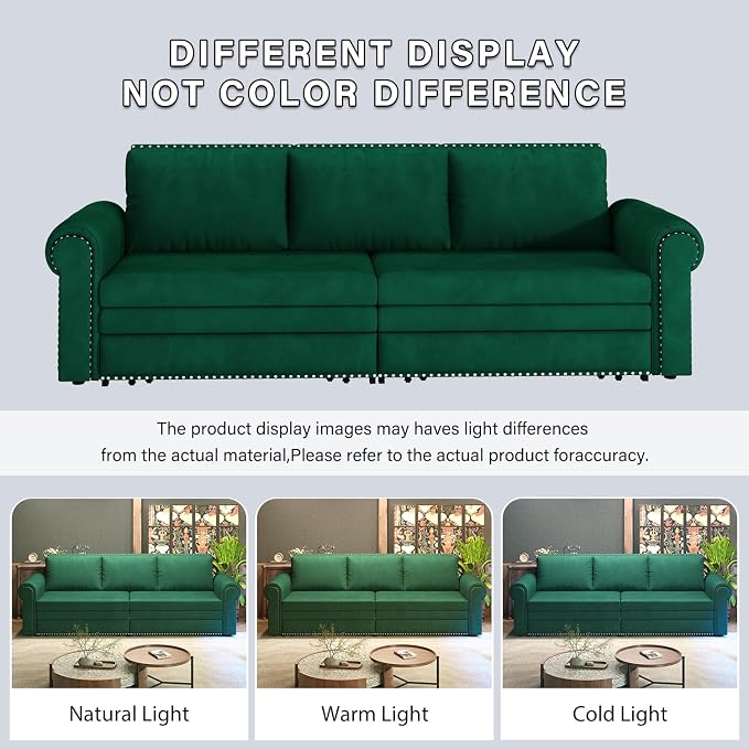 93.7" King Pull Out Sofa Bed, Velvet Sleeper Sofa Couch, 3 in 1 Convertible Futon Couches for Living Room, Small Space, Apartment, Office, Bedroom, Modern Rivet Armrest, Green
