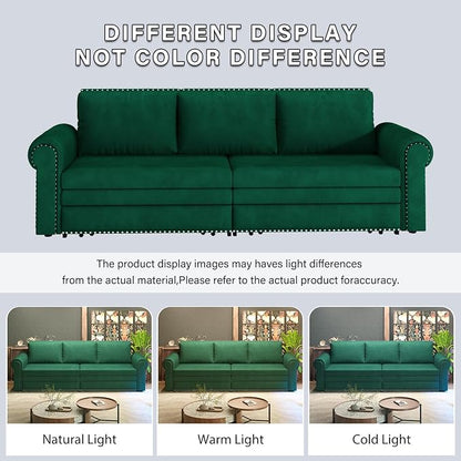 93.7" King Pull Out Sofa Bed, Velvet Sleeper Sofa Couch, 3 in 1 Convertible Futon Couches for Living Room, Small Space, Apartment, Office, Bedroom, Modern Rivet Armrest, Green