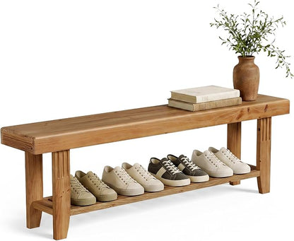 LITTLE TREE 63" Solid Wood Entryway Bench, Rustic Wooden Shoe Bench with Slatted Storage Shelf, Heavy Duty Indoor Bench for Hallway, Bedroom, Living Room, Dining Room