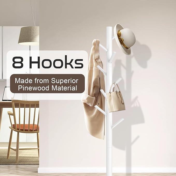 Aliphon Wooden Coat Rack Stand, Freestanding Coat Rack with 8 Hooks, 3 Adjustable Size Coat Tree for Hats, Coats, Scarves bags, Coat Hanger Stand Used in Bedroom/Office/Entryway （White）