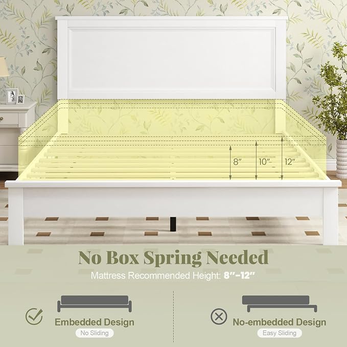 Giantex Wood Queen Platform Bed Frame with Headboard, Mid Century Bed Frame with Solid Wood Legs & Wooden Slat Support, No Box Spring Needed, White Bed