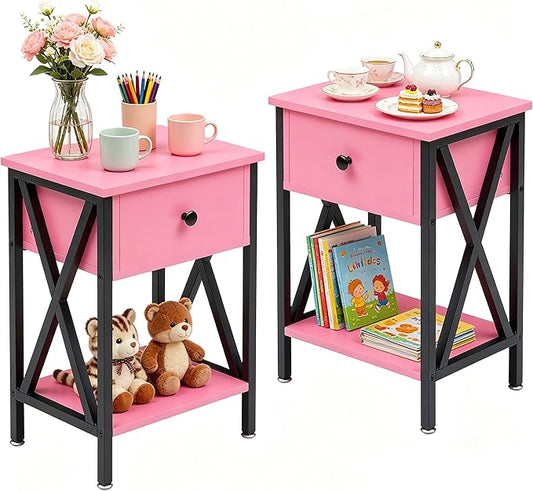 VECELO Nightstands Set of 2, Modern Bedside End Tables, Night Stands with Drawer and Storage Shelf for Living Room Bedroom, Industrial Metal Frame