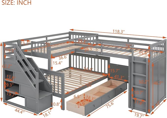 L-Shaped Bunk Bed for 4 Kids, Twin-Twin Over Full with 3 Drawers, Portable Desk and Wardrobe, Solid Wood Bedframe with Stairs and Full-Length Guardrails, No Box Spring Needed (Gray)