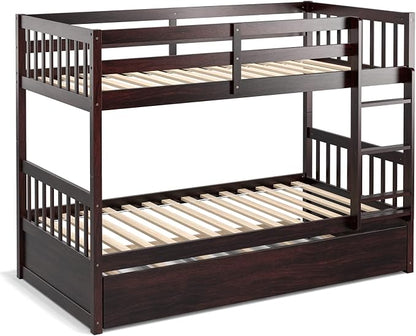 KOMFOTT Wood Twin Over Twin Bunk Bed with Trundle, Solid Pine Wood Bunk Bed Frame with Ladder & Safety Guardrails, Space-Saving Convertible Twin Bed Frame for Home & Dormitory, No Box Spring Needed