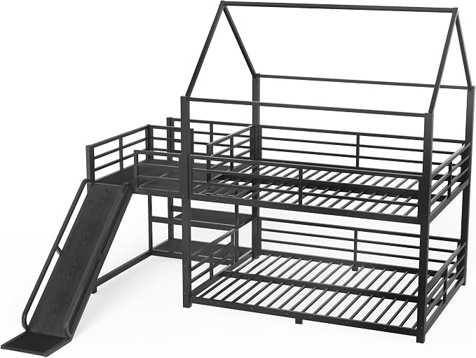 Harper & Bright Designs Floor Bunk Bed Full Over Full with Storage Stairs and Slide, Metal House Bunk Bed with Full Length Guardrails, No Box Spring Required, Noise Free, Space Saving, Black